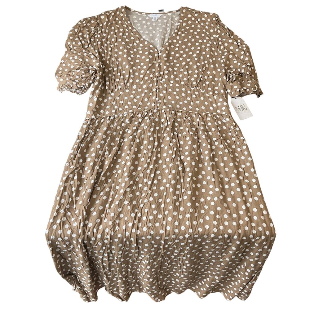 Time And Tru Women Maxi Dress XXL (20) Brown Polka Dot Milkmaid Dress ShortSleev